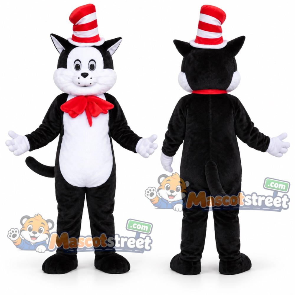 Black and White Cat Mascot Costume with Red Bow Tie and Striped Hat Black and White Cat Mascot Costume with Red Bow Tie and Striped Hat