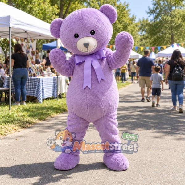 Purple Bear Mascot Costume with Purple Bow Tie