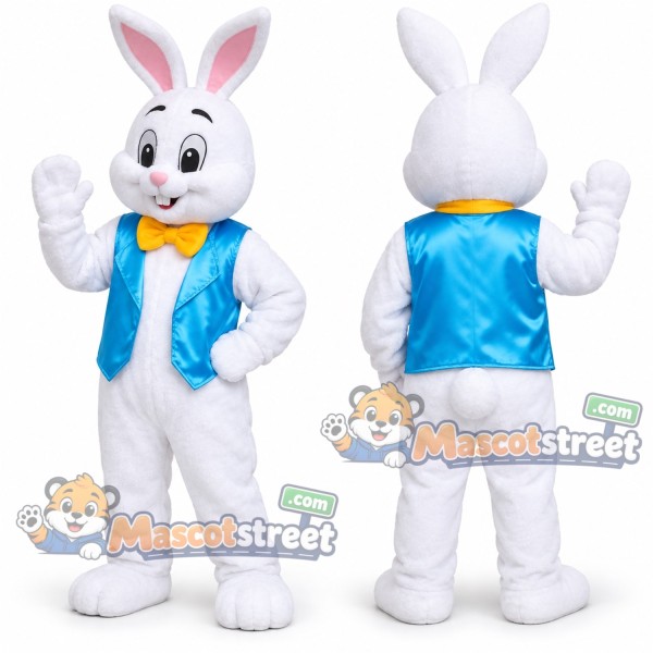 White Rabbit Mascot Costume with Blue Vest and Yellow Bow Tie