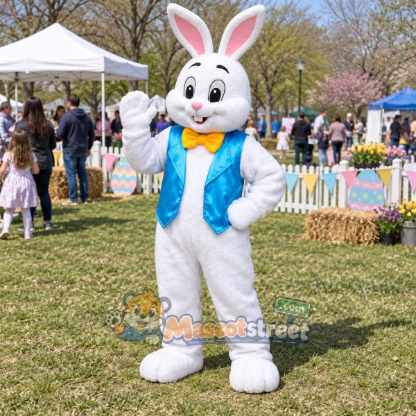 White Rabbit Mascot Costume with Blue Vest and Yellow Bow Tie