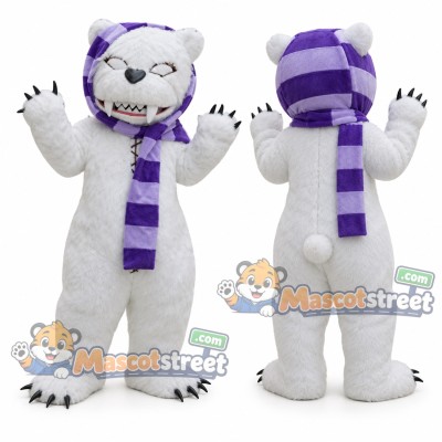 White Bear Mascot Costume with Purple Striped Scarf