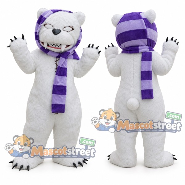 White Bear Mascot Costume with Purple Striped Scarf