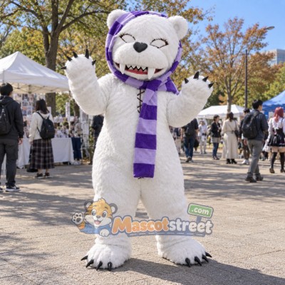 White Bear Mascot Costume with Purple Striped Scarf White Bear Mascot Costume with Purple Striped Scarf