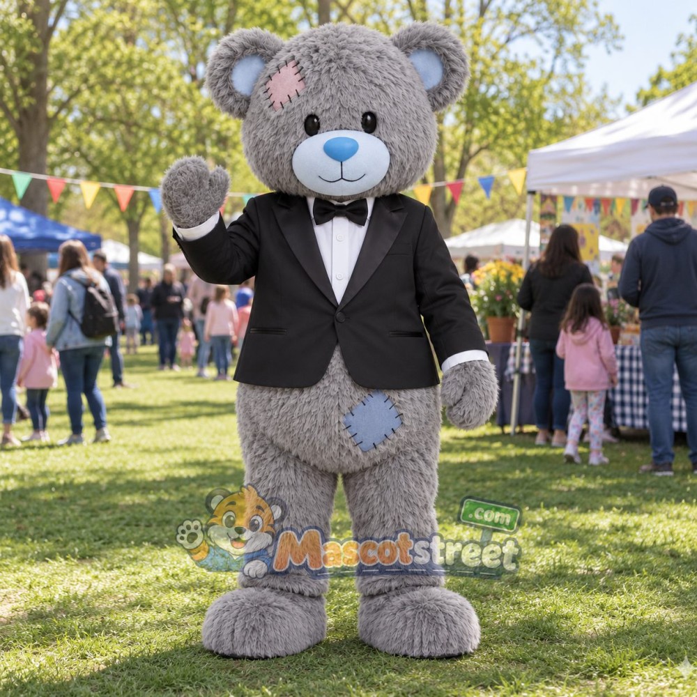 Gray Bear Mascot Costume with Black Tuxedo Gray Bear Mascot Costume with Black Tuxedo