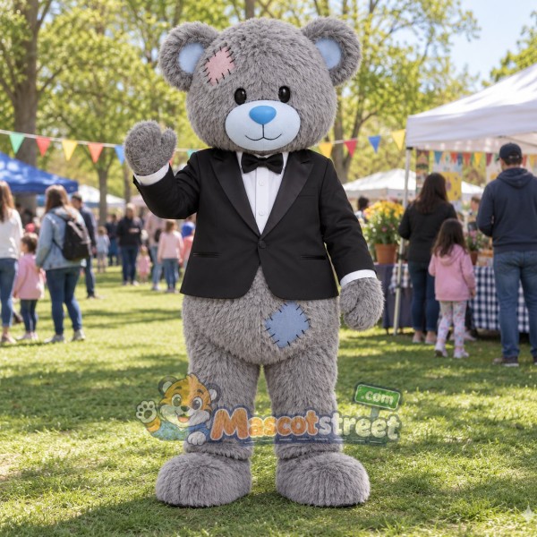Gray Bear Mascot Costume with Black Tuxedo