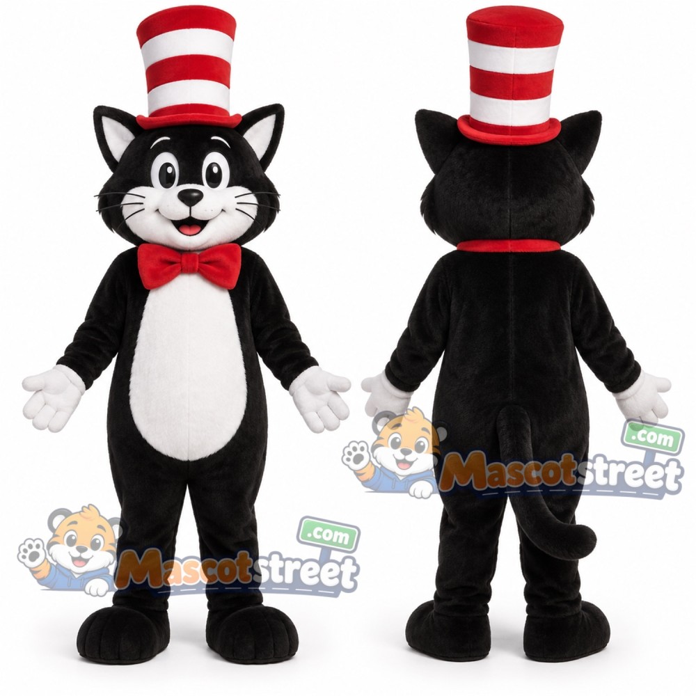 Black and White Cat Mascot Costume with Striped Hat