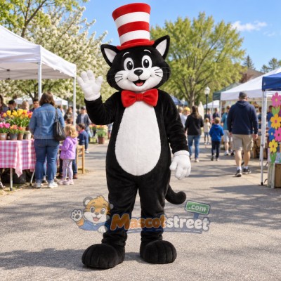 Black and White Cat Mascot Costume with Striped Hat
