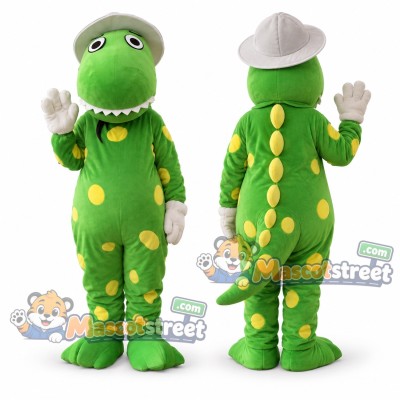 Green Dinosaur Mascot Costume with White Hat Green Dinosaur Mascot Costume with White Hat