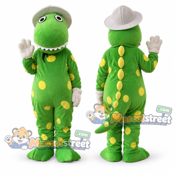 Green Dinosaur Mascot Costume with White Hat