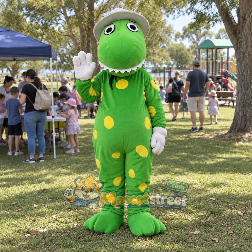 Green Dinosaur Mascot Costume with White Hat Green Dinosaur Mascot Costume with White Hat