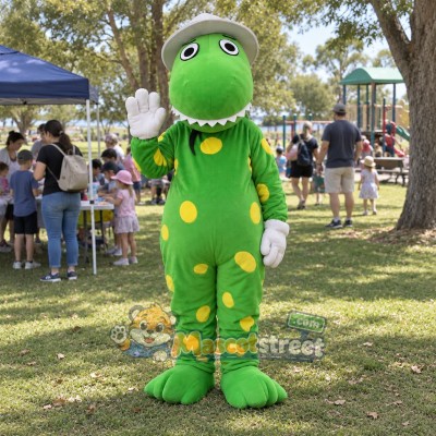 Green Dinosaur Mascot Costume with White Hat Green Dinosaur Mascot Costume with White Hat