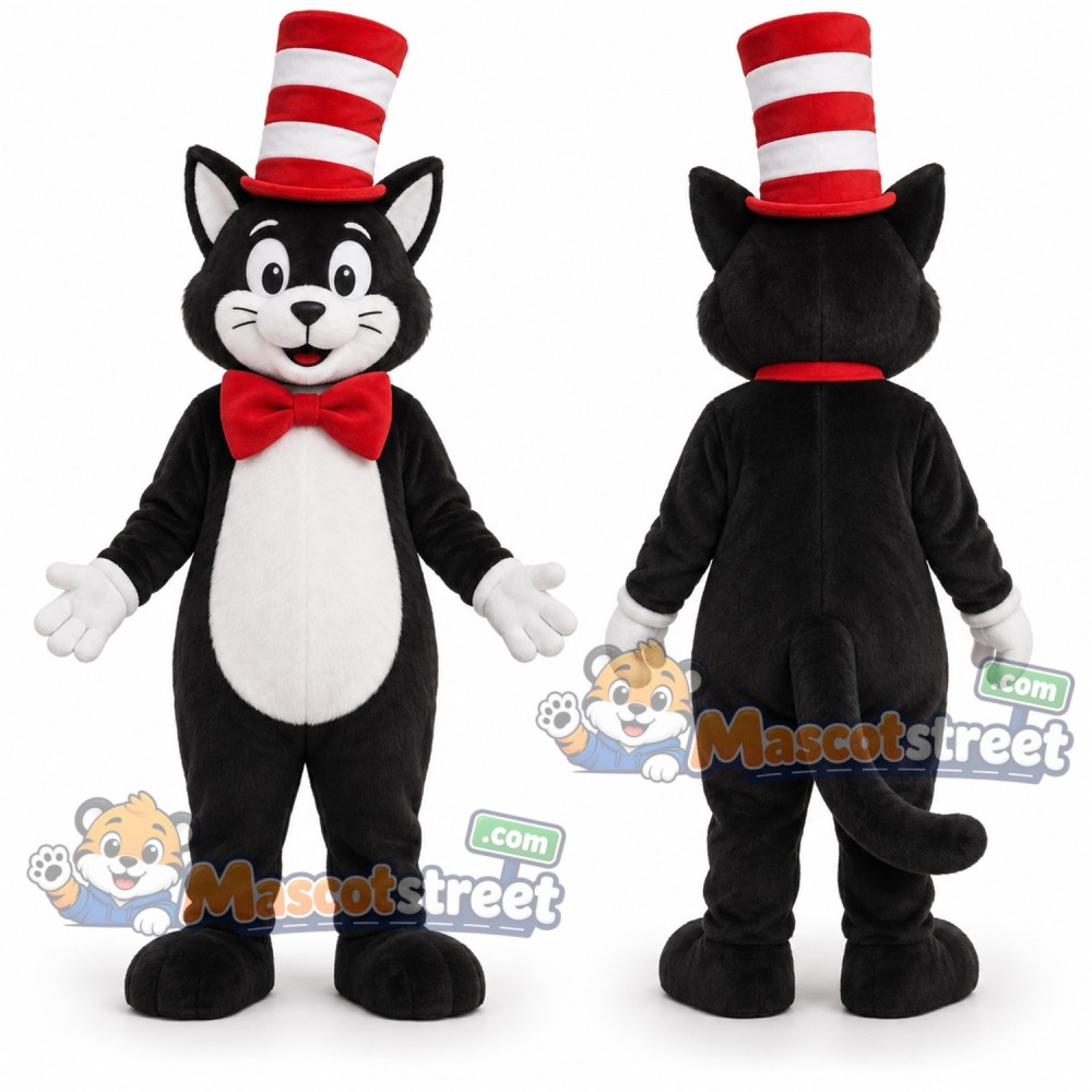 Black and White Cat Mascot Costume with Red Bow Tie and Striped Hat Black and White Cat Mascot Costume with Red Bow Tie and Striped Hat