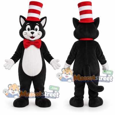 Black and White Cat Mascot Costume with Red Bow Tie and Striped Hat Black and White Cat Mascot Costume with Red Bow Tie and Striped Hat