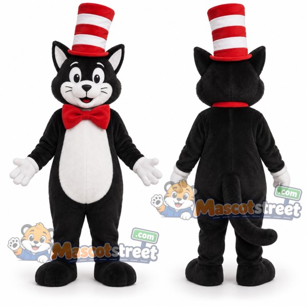 Black and White Cat Mascot Costume with Red Bow Tie and Striped Hat