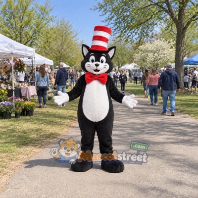 Black and White Cat Mascot Costume with Red Bow Tie and Striped Hat Black and White Cat Mascot Costume with Red Bow Tie and Striped Hat