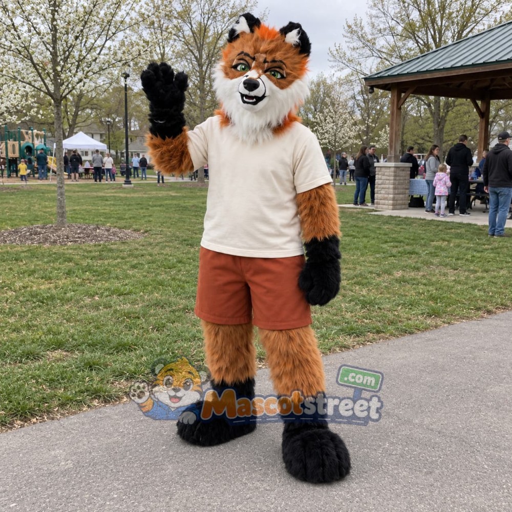 Orange Fox Mascot Costume with White Shirt and Brown Shorts Orange Fox Mascot Costume with White Shirt and Brown Shorts
