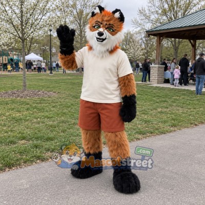 Orange Fox Mascot Costume with White Shirt and Brown Shorts Orange Fox Mascot Costume with White Shirt and Brown Shorts