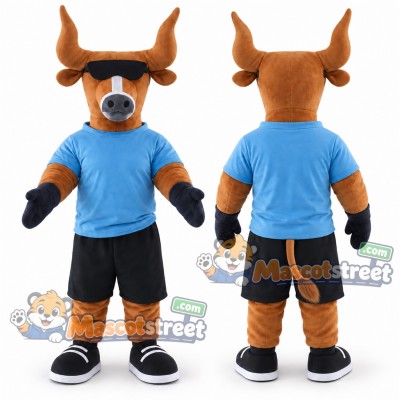 Brown Bull Mascot Costume with Blue Shirt and Black Shorts