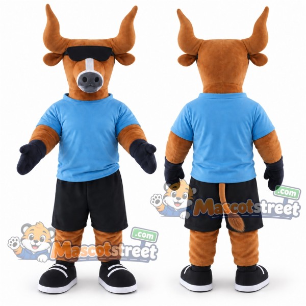 Brown Bull Mascot Costume with Blue Shirt and Black Shorts