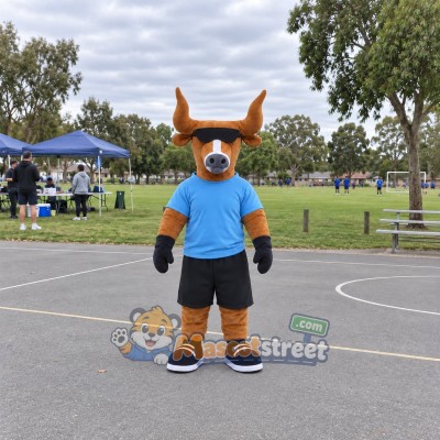 Brown Bull Mascot Costume with Blue Shirt and Black Shorts