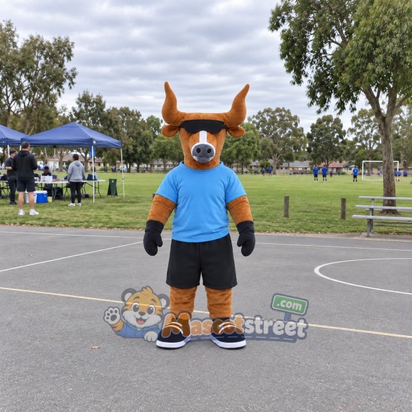 Brown Bull Mascot Costume with Blue Shirt and Black Shorts