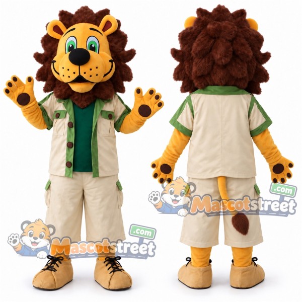 Brown Lion Mascot Costume with Beige Safari Outfit and Green Scarf