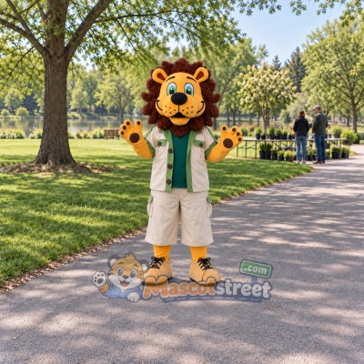 Brown Lion Mascot Costume with Beige Safari Outfit and Green Scarf