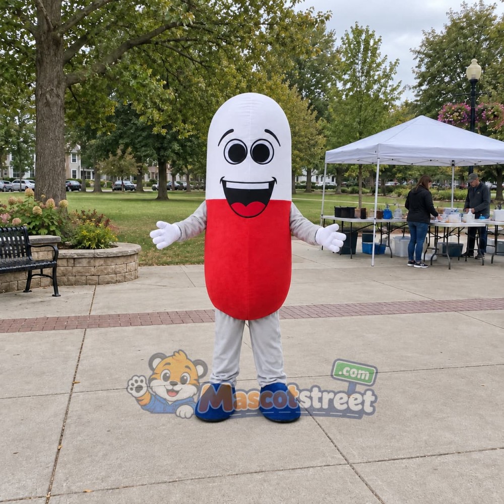 Red and White Capsule Mascot Costume Red and White Capsule Mascot Costume