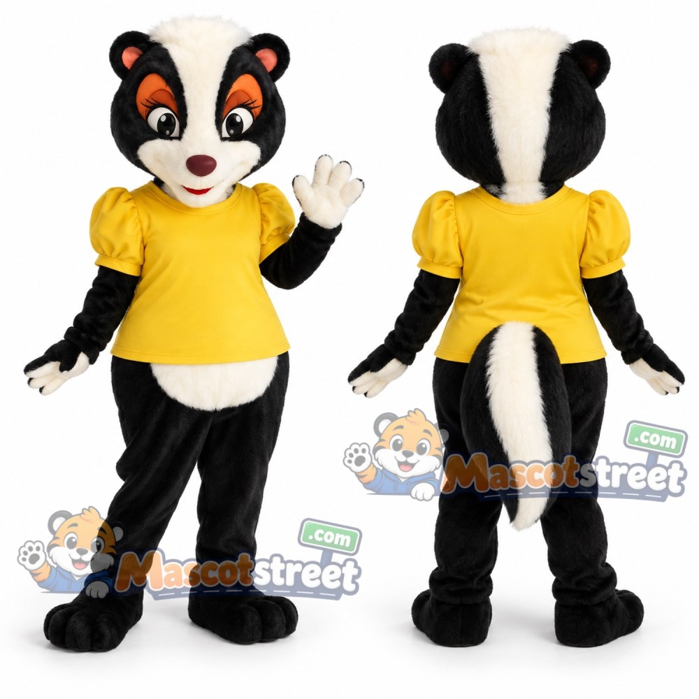 Black and White Skunk Mascot Costume with Yellow Shirt Black and White Skunk Mascot Costume with Yellow Shirt
