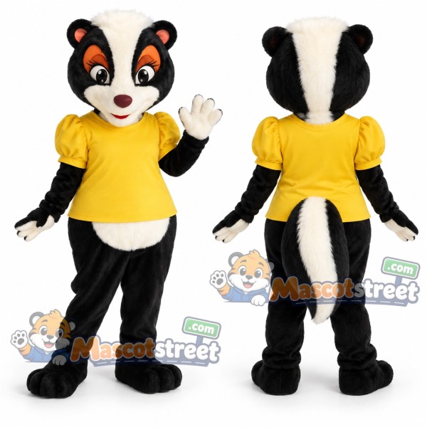 Black and White Skunk Mascot Costume with Yellow Shirt