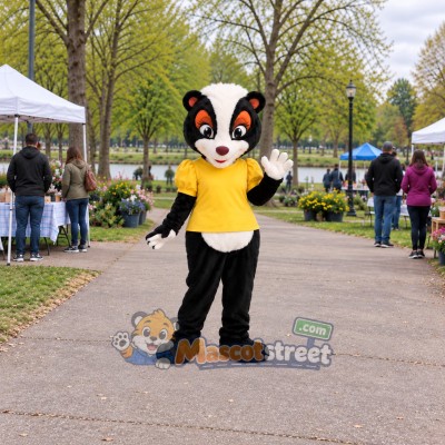 Black and White Skunk Mascot Costume with Yellow Shirt Black and White Skunk Mascot Costume with Yellow Shirt