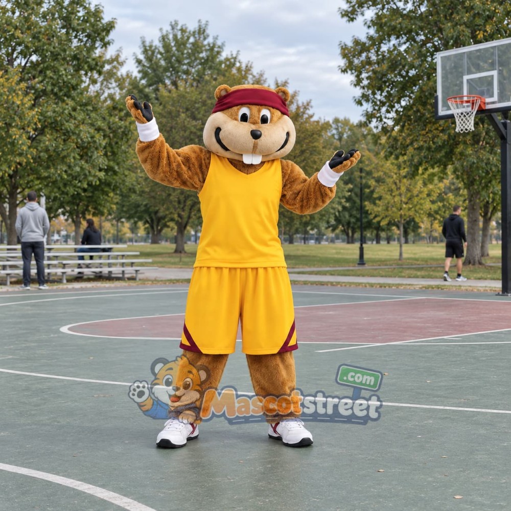 Brown Gopher Mascot Costume with Yellow Sports Uniform