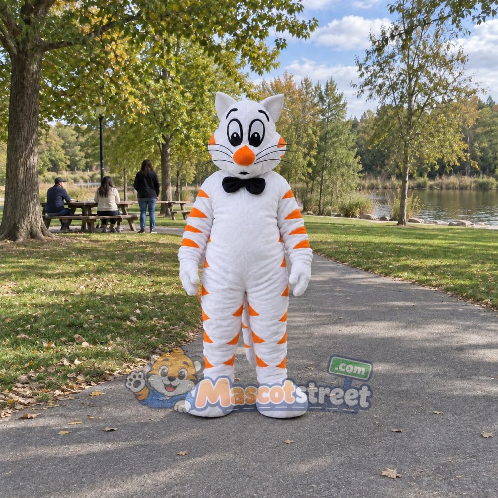 White Cat Mascot Costume with Black Bow Tie White Cat Mascot Costume with Black Bow Tie
