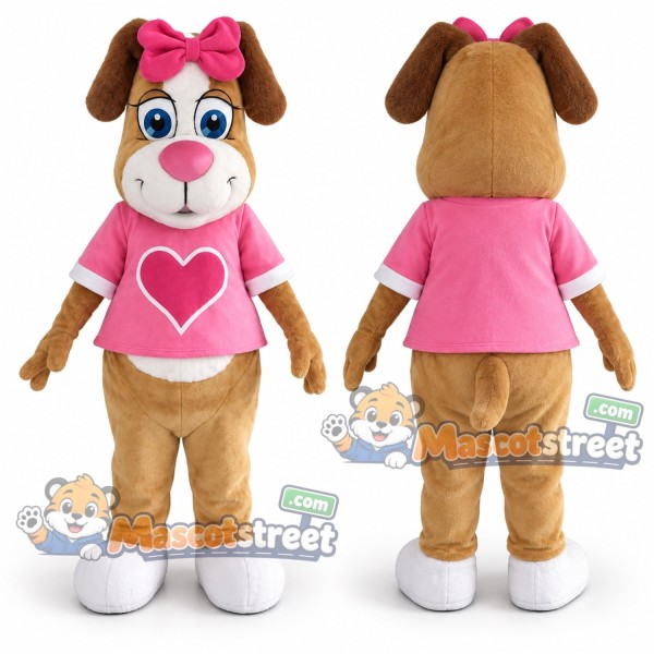 Brown Dog Mascot Costume with Pink Heart Shirt and Pink Bow