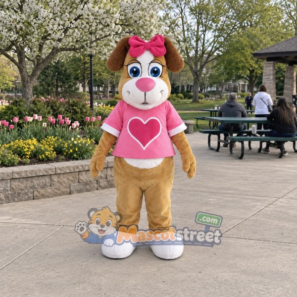 Brown Dog Mascot Costume with Pink Heart Shirt and Pink Bow