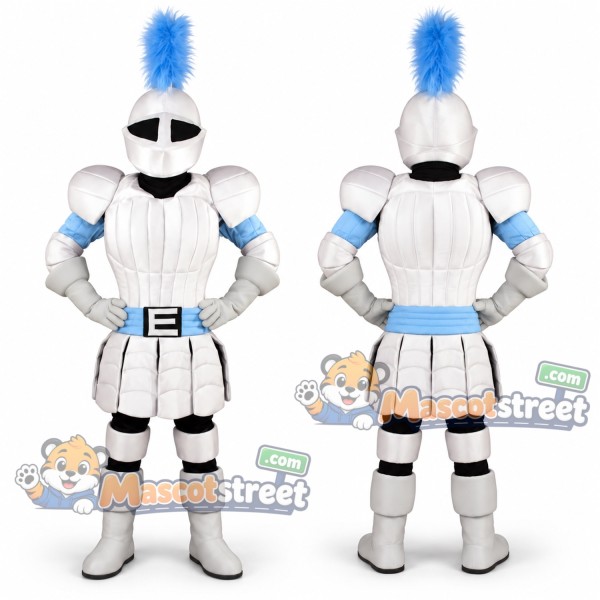 Knight Mascot Costume with Silver Armor and Blue Plume