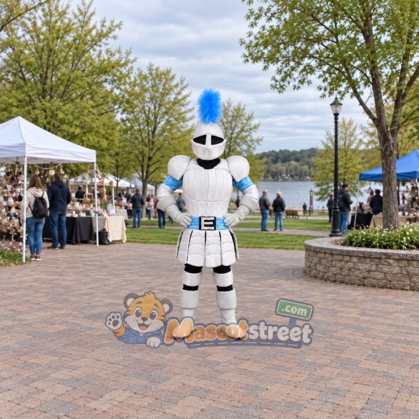 Knight Mascot Costume with Silver Armor and Blue Plume
