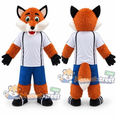 Orange Fox Mascot Costume with White Shirt and Blue Shorts Orange Fox Mascot Costume with White Shirt and Blue Shorts