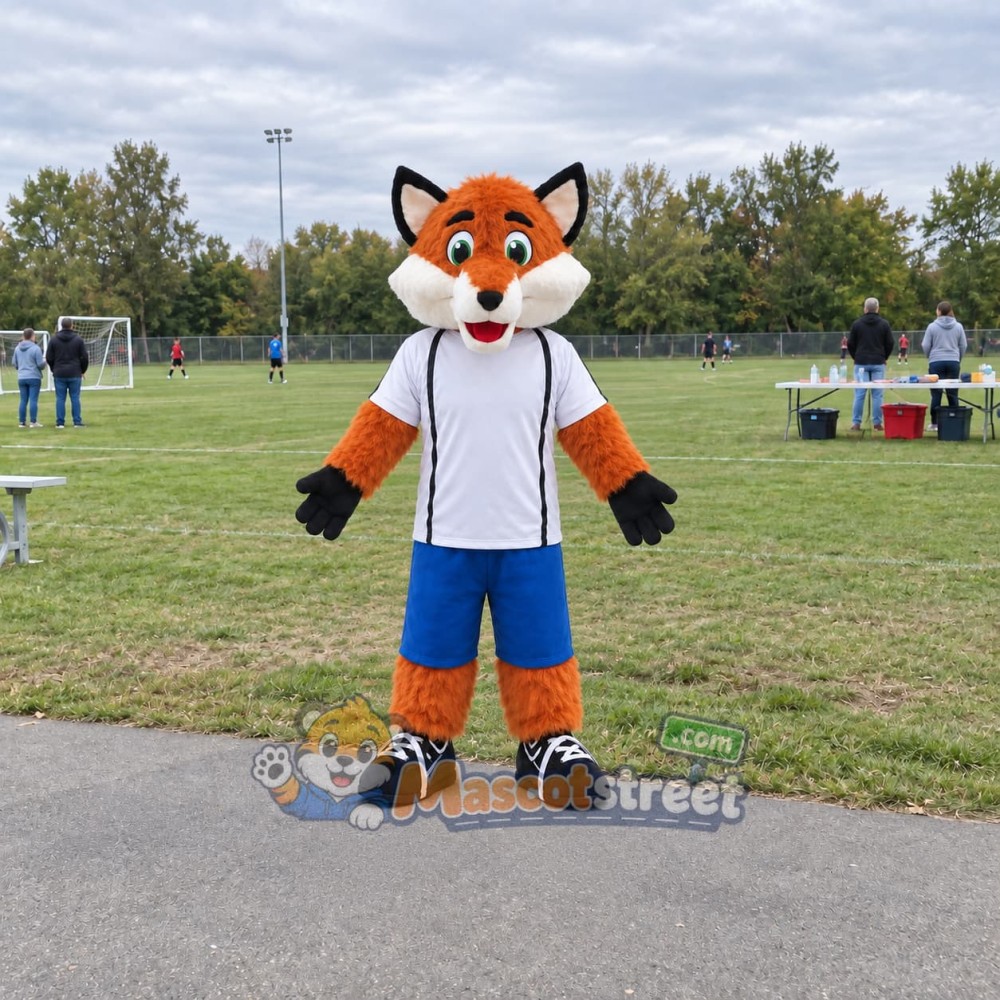 Orange Fox Mascot Costume with White Shirt and Blue Shorts Orange Fox Mascot Costume with White Shirt and Blue Shorts