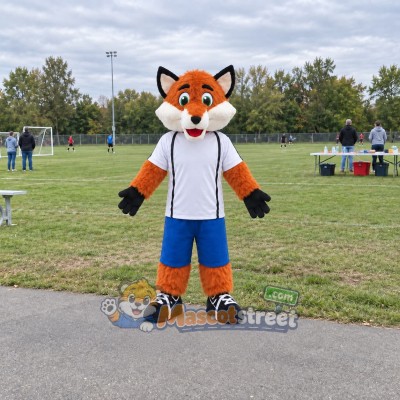 Orange Fox Mascot Costume with White Shirt and Blue Shorts Orange Fox Mascot Costume with White Shirt and Blue Shorts