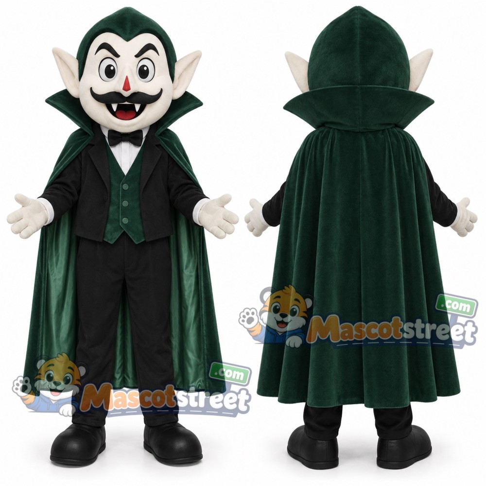 Vampire Mascot Costume with Dark Green Suit and Cape Vampire Mascot Costume with Dark Green Suit and Cape
