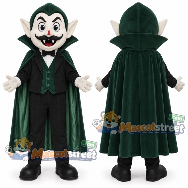 Vampire Mascot Costume with Dark Green Suit and Cape