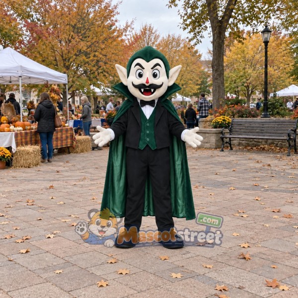 Vampire Mascot Costume with Dark Green Suit and Cape
