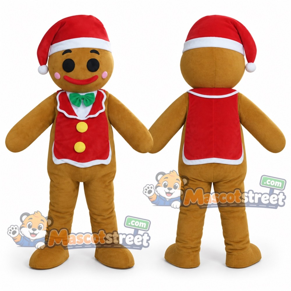 Gingerbread Person Mascot Costume with Red Vest and Santa Hat