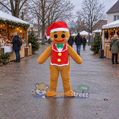Gingerbread Person Mascot Costume with Red Vest and Santa Hat