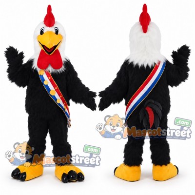 Black and White Rooster Mascot Costume with Multicolor Sash