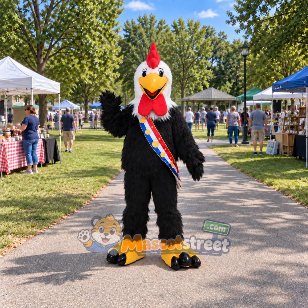 Black and White Rooster Mascot Costume with Multicolor Sash