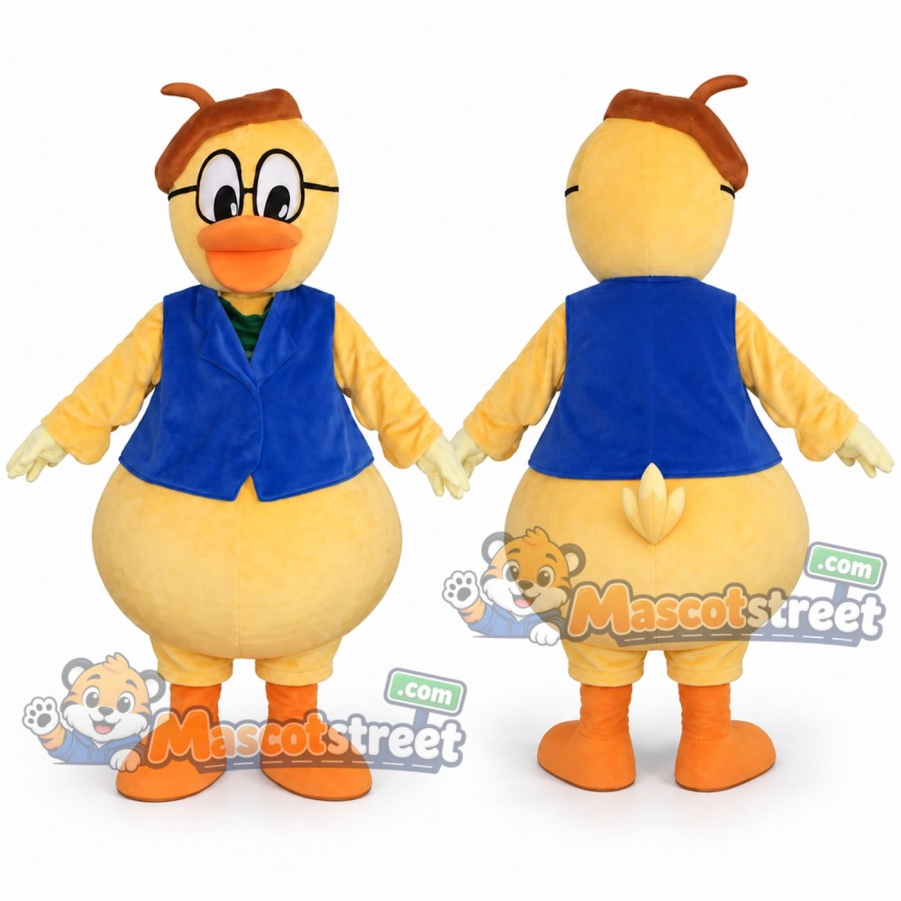 Yellow Duck Mascot Costume with Blue Vest and Brown Cap