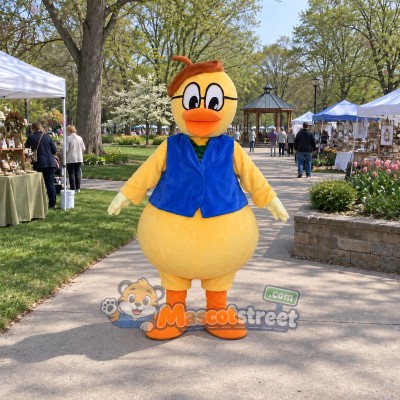 Yellow Duck Mascot Costume with Blue Vest and Brown Cap