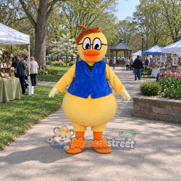 Yellow Duck Mascot Costume with Blue Vest and Brown Cap
